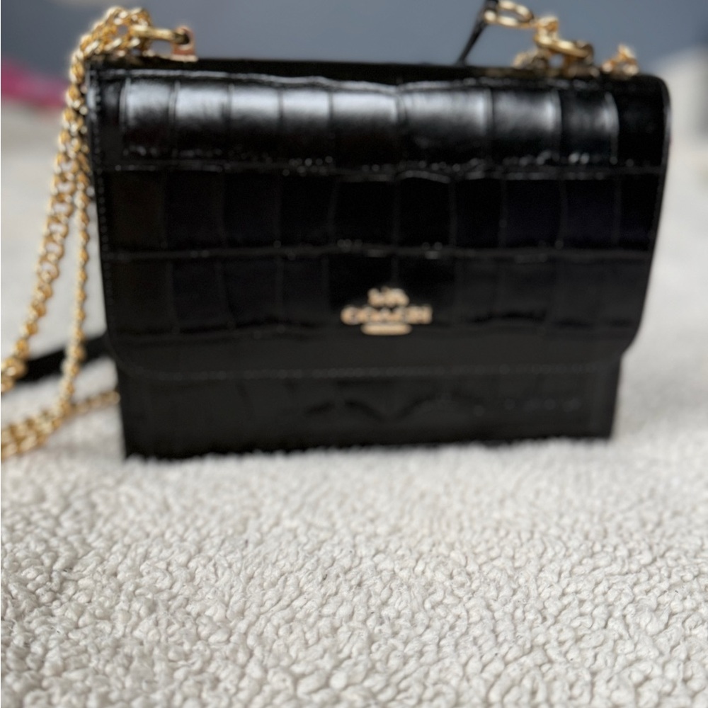 Coach Black Croc-Embossed Leather Crossbody with Gold Chain - Picture 2 of 4